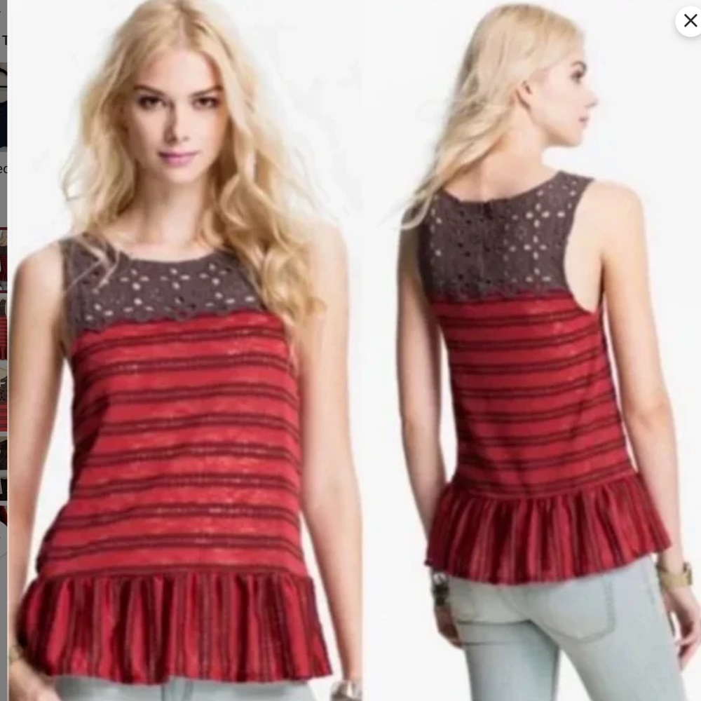 Free People Red Brown Striped Molly Retro Peplum Eyelet Top Sz S EUC